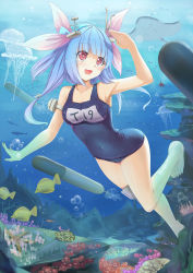 Rule 34 | 10s, 1girl, :3, armpits, bare legs, bare shoulders, barefoot, blue hair, blunt bangs, blush, breasts, cleavage, coral reef, covered navel, fang, fish, hair ornament, hair ribbon, hand on forehead, heart, heart-shaped pupils, highres, i-19 (kancolle), jellyfish, kantai collection, manta ray, one-piece swimsuit, open mouth, red eyes, ribbon, school swimsuit, smile, solo, sonikey0 0, starfish, surgeonfish, swimsuit, symbol-shaped pupils, torpedo, tri tails, tropical fish, underwater