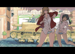Rule 34 | 2girls, :d, :o, absurdres, black hair, blonde hair, bottomless, breasts, charlotte e. yeager, cleavage, closed eyes, dancing, fang, francesca lucchini, gluteal fold, height difference, highres, jacket, letterboxed, long hair, military, military vehicle, motor vehicle, multiple girls, open mouth, panties, pondo (peng-model), semovente 75/18, shirt, smile, strike witches, striped clothes, striped panties, tank, tankette, thick thighs, thighs, twintails, underwear, wide hips, world witches series