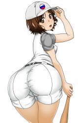 Rule 34 | 1girl, absurdres, artist request, ass, blush, breasts, brown eyes, brown hair, cameltoe, from behind, hat, highres, huge ass, leaning, leaning forward, looking back, medium breasts, open mouth, pantylines, sawabe tsubaki, shigatsu wa kimi no uso, short hair, shorts, softball, solo, transparent background, uniform