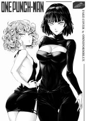 Rule 34 | 2girls, artist name, backless outfit, bare arms, bare back, bare shoulders, breasts, cleavage cutout, clothing cutout, cover, fake cover, fubuki (one-punch man), greyscale, highres, looking at viewer, medium breasts, meme attire, monochrome, multiple girls, omniformblue, one-punch man, revision, short hair, signature, small breasts, tatsumaki, virgin killer sweater