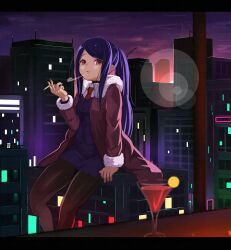 Rule 34 | 1girl, absurdres, black pantyhose, building, cigarette, city, coat, cocktail glass, commission, cup, drinking glass, fur-trimmed coat, fur trim, giant, giantess, highres, holding, holding cigarette, jill stingray, long hair, long sleeves, looking at viewer, necktie, numazume, open clothes, open coat, open mouth, pantyhose, purple hair, purple vest, red eyes, red necktie, second-party source, shirt, sitting, skeb commission, smoke, smoking, solo, twintails, va-11 hall-a, vest, white shirt
