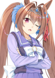 Rule 34 | 1girl, animal ears, bow, brown hair, commentary request, crossed arms, daiwa scarlet (umamusume), fang, hair between eyes, hair bow, hair intakes, horse ears, long hair, long sleeves, looking at viewer, miri (ago550421), one eye closed, open mouth, pleated skirt, puffy long sleeves, puffy sleeves, purple shirt, purple skirt, red bow, red eyes, school uniform, shirt, simple background, skirt, solo, tiara, tracen school uniform, twintails, umamusume, very long hair, white background, white bow