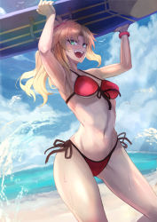 Rule 34 | 1girl, alternate breast size, bikini, blonde hair, braid, breasts, cloud, commentary request, day, fate/grand order, fate (series), from below, green eyes, highres, holding, long hair, looking at viewer, medium breasts, mordred (fate), mordred (fate) (all), mordred (fate/apocrypha), mordred (swimsuit rider) (fate), mordred (swimsuit rider) (first ascension) (fate), navel, ohako (ohako1818), open mouth, outdoors, parted bangs, ponytail, red bikini, side-tie bikini bottom, smile, solo, standing, string bikini, surfboard, swimsuit, water