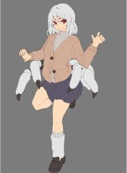 Rule 34 | 1girl, arthropod girl, arthropod limbs, blue skirt, brown cardigan, brown footwear, cardigan, claw pose, closed mouth, extra eyes, full body, grey background, grey hair, grey sweater, hands up, hitokuirou, insect girl, leg warmers, loafers, long sleeves, looking at viewer, lunitra (hitokuirou), medium hair, miniskirt, monster girl, original, red eyes, ribbed sweater, shoes, simple background, skirt, smile, solo, spider girl, standing, standing on one leg, sweater, unfinished