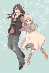 Rule 34 | 00s, 1boy, 1girl, alternate costume, arm grab, holding another&#039;s arm, bad id, bad pixiv id, belt, blue eyes, boots, casual, contemporary, couple, denim, dress, estellise sidos heurassein, fashion, flower, hands in pockets, hat, hetero, jeans, knee boots, long hair, long sleeves, pants, pink hair, purple eyes, purple hair, scarf, shirt, shoes, short hair, smile, sneakers, t-shirt, tales of (series), tales of vesperia, tyokityoki, vest, winter clothes, yuri lowell