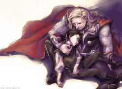 Rule 34 | 2boys, age difference, aged down, armor, avengers (series), black hair, blonde hair, brothers, cape, child, facial hair, family, kakanori, loki (marvel), male focus, marvel, multiple boys, scale armor, siblings, sleeping, stubble, thor (marvel), time paradox