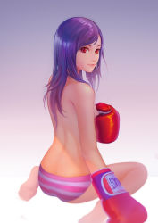 Rule 34 | 1girl, angjooyann, arm at side, ass, back, barefoot, boxing gloves, breasts, closed mouth, covering breasts, covering privates, from behind, gloves, gradient background, gradient hair, hand up, highres, joo yann ang, long hair, looking at viewer, looking back, multicolored hair, nose, original, panties, purple hair, red eyes, red gloves, sitting, small breasts, soles, solo, striped clothes, striped panties, swept bangs, topless, underwear, underwear only, wariza