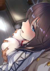 Rule 34 | 1boy, 1girl, black hair, blue eyes, blush, grabbing another&#039;s breast, breasts, breath, brown hair, covered erect nipples, grabbing, grabbing from behind, groping, gym shirt, hayasui (kancolle), hetero, highres, indoors, jacket, kantai collection, large breasts, looking at viewer, nose blush, open clothes, open jacket, open mouth, rampage 2nd, shirt, solo focus