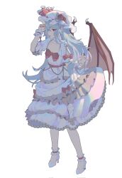 Rule 34 | 1girl, alternate hair length, alternate hairstyle, bat wings, blue hair, bow, choker, closed mouth, collarbone, dress, frilled dress, frills, full body, hat, hat bow, hat ribbon, high heels, highres, jewelry, long hair, looking at viewer, mob cap, pointy ears, puffy short sleeves, puffy sleeves, red bow, red eyes, red nails, red ribbon, remilia scarlet, ribbon, short sleeves, simple background, solo, standing, tachi-e, touhou, very long hair, white background, white dress, white footwear, white hat, wings, wrist cuffs, youpofen