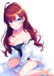 Rule 34 | 10s, 1girl, :3, :p, antenna hair, arm support, bare legs, bare shoulders, barefoot, between legs, blue eyes, blush, bottomless, breasts, brown hair, camisole, cleavage, collarbone, collared shirt, dress shirt, earrings, fuji fujino, hair censor, hair over breasts, hand between legs, ichinose shiki, idolmaster, idolmaster cinderella girls, jewelry, kneeling, long hair, long sleeves, looking at viewer, medium breasts, no pants, off shoulder, open clothes, open shirt, shirt, signature, sleeves past wrists, smile, solo, strap slip, tongue, tongue out, white background, white shirt
