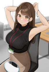Rule 34 | 1girl, :o, armpits, arms up, black shirt, blurry, blurry background, breasts, brown eyes, brown hair, brown skirt, chair, commentary request, dot nose, earrings, hand mirror, high-waist skirt, highres, id card, indoors, jewelry, lanyard, large breasts, light blush, long hair, looking at viewer, mirror, notice lines, office, office chair, office lady, ol-chan (ol mahonanoka), ol mahonanoka, on chair, original, parted lips, pencil skirt, ribbed shirt, shirt, shirt tucked in, sitting, skirt, sleeveless, sleeveless shirt, solo, swept bangs, swivel chair