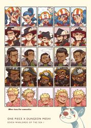 Rule 34 | 5boys, artist name, black hat, blonde hair, blue hair, buggy the clown, cigar, closed mouth, clown nose, commentary, crocodile (one piece), dark-skinned male, dark skin, donquixote doflamingo, dracule mihawk, dungeon meshi, dwarf, earrings, elf, english commentary, eriochromatic, facial hair, facial mark, going merry, gold trim, halfling, hat, high collar, high ponytail, highres, hoop earrings, jewelry, male focus, marshall d. teach, multiple boys, multiple views, mustache, one eye closed, one piece, orange-tinted eyewear, pirate hat, pointy ears, red nose, short hair, skull print, smile, smoking, stitches, sunglasses, tinted eyewear, tongue, tongue out, twintails, twitter username, white-framed eyewear