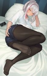 Rule 34 | 1girl, ass, bed, black pantyhose, blush, cellphone, feet, grin, hand on own ass, long hair, looking at viewer, lying, multicolored hair, on side, pantyhose, phone, pillow, ponytail, see-through, shorts, silver hair, smartphone, smile, soles, solo, streaked hair, thighs, toes, yellow eyes