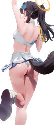 Rule 34 | 1girl, absurdres, animal ears, ass, back, bare shoulders, black hair, blue archive, blue eyes, blush, breasts, dog ears, dog tail, eyewear on head, goggles, halo, hibiki (blue archive), hibiki (cheer squad) (blue archive), highres, holding, holding pom poms, long hair, medium breasts, millennium cheerleader outfit (blue archive), miniskirt, navel, open mouth, pleated skirt, pom pom (cheerleading), pom poms, ponytail, rororo, sidelocks, skirt, solo, sports bra, tail, thighs, white skirt