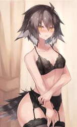 Rule 34 | 1girl, ahoge, arknights, bird girl, bird tail, black bra, black panties, black thighhighs, blush, bra, breasts, brown hair, commentary request, cowboy shot, embarrassed, garter belt, lingerie, looking at viewer, multicolored hair, open mouth, panties, plume (arknights), sasa onigiri, small breasts, solo, sweat, tail, thighhighs, two-tone hair, underwear, underwear only, white hair, yellow eyes