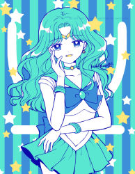 Rule 34 | 1girl, aqua background, aqua skirt, artist name, back bow, bad id, bad pixiv id, bishoujo senshi sailor moon, blue background, blue bow, bow, breasts, brooch, choker, circlet, collarbone, earrings, elbow gloves, english text, gloves, hand on own cheek, hand on own face, hoshikuzu (milkyway792), jewelry, kaiou michiru, leotard, long hair, looking at viewer, medium breasts, necklace, neptune symbol, open mouth, outer senshi, pleated skirt, sailor collar, sailor neptune, sailor senshi, sailor senshi uniform, signature, skirt, smile, solo, star (symbol), starry background, striped, striped background, wavy hair, white gloves, white leotard