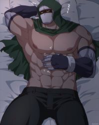 Rule 34 | 1boy, abs, arm behind head, armpits, artist name, bara, bed, bed sheet, biceps, bida, bracelet, cape, covered face, elbow gloves, gloves, hand on own stomach, highres, hood, hoodie, jewelry, large pectorals, lying, male focus, manly, mask, muscular, muscular male, nipples, on back, original, pants, pectorals, pillow, scratching, sleeping, solo, thick arms, thick thighs, thighs, topless male
