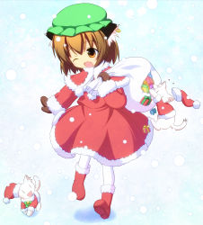 Rule 34 | 1girl, animal ears, bell, brown eyes, brown hair, cat, cat ears, cat tail, chen, christmas, earrings, fang, gift, gloves, hat, highres, jewelry, mittens, multiple tails, one eye closed, pantyhose, pila-pela, ribbon, snow, solo, tail, touhou, wink