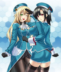 Rule 34 | 10s, 2girls, ;d, atago (kancolle), bad id, bad pixiv id, black gloves, black hair, black legwear, blonde hair, blush, breasts, gloves, green eyes, grid, hat, highres, kantai collection, large breasts, long hair, looking at viewer, military, military uniform, multiple girls, one eye closed, open mouth, pantyhose, pantylines, personification, red eyes, salute, shirokuma a, short hair, skindentation, skirt, smile, takao (kancolle), thighhighs, uniform, zettai ryouiki