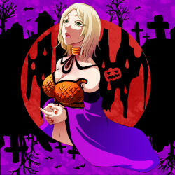 Rule 34 | 1girl, bare tree, bat (animal), bikini, blonde hair, breasts, brown bikini, cleavage, commentary request, cropped torso, detached sleeves, fingernails, flowery peko, gem, graveyard, green eyes, gypsy (ragnarok online), large breasts, nail polish, navel, open mouth, own hands together, parted bangs, purple background, purple sleeves, ragnarok online, red gemstone, red nails, short hair, solo, strapless, strapless bikini, swimsuit, tombstone, tree, upper body
