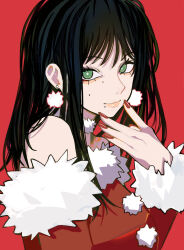 Rule 34 | 1girl, absurdres, aegyo sal, bare shoulders, black hair, chainsaw man, christmas sweater, earrings, green eyes, highres, jewelry, long hair, looking at viewer, multiple moles, red background, red nails, sailen0, santa claus (chainsaw man)