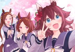 Rule 34 | 3girls, animal ears, arm up, blue eyes, blush, bow, bowtie, brown hair, cherry blossoms, closed mouth, commentary, double v, flower, hair between eyes, hair flower, hair ornament, hairband, holding, holding flower, horse ears, horse girl, horse tail, long hair, long sleeves, looking at viewer, looking up, multiple girls, open mouth, outdoors, outstretched arm, pink eyes, ponytail, purple shirt, purple skirt, rio (rio 067), sailor collar, sakura bakushin o (umamusume), sakura chiyono o (umamusume), sakura laurel (umamusume), selfie, shirt, short hair, skirt, smile, tail, tree, twitter username, umamusume, v, v-shaped eyebrows, vector trace