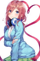 Rule 34 | 1girl, bad id, bad twitter id, blue cardigan, blue eyes, blush, breasts, buttons, cardigan, closed mouth, frown, go-toubun no hanayome, green skirt, hair between eyes, headphones, headphones around neck, heart, highres, large breasts, long hair, long sleeves, looking at viewer, miniskirt, nakano miku, pleated skirt, r o ha, red hair, red ribbon, ribbon, school uniform, shirt, sidelocks, simple background, skirt, solo, white background, white shirt