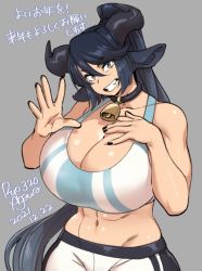 Rule 34 | 1girl, abs, agawa ryou, animal ears, artist name, bare shoulders, bell, black collar, black hair, black nails, breast suppress, breasts, cleavage, clenched teeth, collar, collarbone, cowbell, cowboy shot, dated, grey background, grey eyes, grin, gym shorts, horns, huge breasts, long hair, looking at viewer, nail polish, navel, numbered, open mouth, original, ponytail, shorts, sidelocks, simple background, smile, solo, sports bra, swept bangs, teeth, very long hair, waving