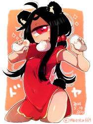 Rule 34 | + +, 10s, 1girl, 2014, ahoge, animal ears, black hair, china dress, chinese clothes, covered navel, cowboy shot, cropped legs, cyclops, dated, dress, dumpling, food, hair bobbles, hair ornament, long hair, looking at viewer, mouth hold, muroku (aimichiyo0526), one-eyed, orange background, original, panda ears, panda tail, red dress, short sleeves, signature, simple background, smile, solo, swept bangs, tail, thighs, translation request, twitter username, two-tone background, white background