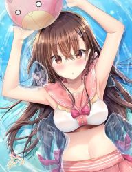 Rule 34 | 1girl, :o, armpits, arms up, ball, bare arms, blush, breasts, brown eyes, brown hair, collarbone, commentary request, crop top, hair between eyes, hair ornament, hairclip, long hair, looking at viewer, lying, maruma (maruma gic), medium breasts, midriff, navel, on back, original, parted lips, pink sailor collar, pink skirt, pleated skirt, sailor collar, shirt, shooting star hair ornament, signature, skirt, sleeveless, sleeveless shirt, solo, star (symbol), star hair ornament, transparent, very long hair, water, white shirt