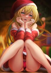Rule 34 | 1girl, :d, absurdres, bare legs, blonde hair, blurry, blurry background, blush, christmas, christmas tree, dark magician girl, dress, drooling, floating hair, fur-trimmed dress, fur-trimmed headwear, fur trim, green eyes, hair between eyes, hat, head tilt, heart, heart-shaped pupils, highres, long hair, looking at viewer, off-shoulder dress, off shoulder, open mouth, othellonia teru, panties, pussy juice, red dress, red hat, red panties, santa costume, santa hat, shiny skin, short dress, sitting, smile, solo, symbol-shaped pupils, underwear, very long hair, yu-gi-oh!