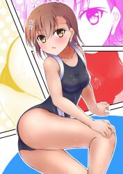 Rule 34 | 1girl, 2020, 20s, absurdres, alternate breast size, ass, bare legs, bare shoulders, blush, breasts, brown eyes, brown hair, collarbone, eu (tounaeu2517), feet out of frame, highres, looking at viewer, lying, matching hair/eyes, medium breasts, misaka mikoto, on side, one-piece swimsuit, parted lips, school swimsuit, short hair, solo, swimsuit, toaru kagaku no railgun, toaru majutsu no index, tokiwadai school swimsuit, two-tone swimsuit, wet
