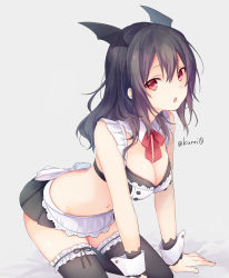 Rule 34 | 1girl, apron, arm support, artist name, bat wings, black hair, black ribbon, black skirt, black thighhighs, breasts, cleavage, commentary request, detached collar, grey background, hair between eyes, head wings, highres, kneeling, kuroi (liar-player), long hair, looking at viewer, medium breasts, midriff, miniskirt, navel, open mouth, original, pleated skirt, red eyes, red ribbon, ribbon, simple background, skirt, solo, thighhighs, white apron, wings, wrist cuffs