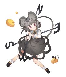 Rule 34 | 1girl, animal, animal ears, blush, brown eyes, capelet, cheese, closed mouth, dowsing rod, food, full body, grey hair, gwayo, head tilt, highres, jewelry, long sleeves, looking at viewer, mouse (animal), mouse ears, mouse tail, nazrin, shirt, shoes, short hair, simple background, skirt, smile, socks, solo, tail, touhou, white background, white socks