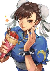 Rule 34 | 1girl, :p, blue dress, bracelet, brown eyes, brown hair, bun cover, capcom, china dress, chinese clothes, chun-li, closed mouth, commentary request, crepe, double bun, dress, earrings, eyelashes, food, fruit, hair bun, highres, jewelry, one eye closed, short hair, signature, simple background, solo, spiked bracelet, spikes, star (symbol), strawberry, street fighter, tongue, tongue out, white background, yora
