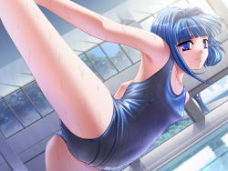 Rule 34 | 00s, 1girl, armpits, blue eyes, blue hair, breasts, dutch angle, flat chest, flexible, game cg, hiiro yuki, indoors, leg lift, looking at viewer, matching hair/eyes, one-piece swimsuit, pool, poolside, reflection, school swimsuit, sena shiori, shiny clothes, short hair, small breasts, solo, stretching, swimsuit, tree, water, wet, window, yuuguu settai