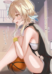 Rule 34 | 1girl, alternate costume, ball, bare shoulders, basketball, basketball (object), basketball hoop, basketball uniform, blonde hair, blue feathers, blush, commentary request, feather hair ornament, feathers, from side, genshin impact, gym, hair ornament, highres, indoors, kabu usagi, knees up, lumine (genshin impact), open mouth, shirt, short hair with long locks, sitting, sleeveless, sleeveless shirt, solo, sportswear, translation request, yellow eyes, yellow wristband