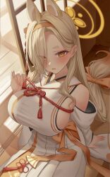 Rule 34 | 1girl, animal ears, blonde hair, blue archive, breasts, commentary, detached sleeves, eyes visible through hair, hair over one eye, halo, highres, japanese clothes, jfjf, kaho (blue archive), kimono, large breasts, long hair, looking at viewer, mole, mole under mouth, open mouth, orange background, orange eyes, revision, sitting, solo, thick eyebrows, white kimono, white sleeves