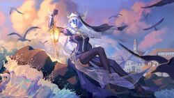 Rule 34 | 1girl, absurdres, animal, architecture, arknights, arm up, asymmetrical hair, back cutout, between breasts, bird, black footwear, black thighhighs, blue dress, blue gloves, blue headwear, blue sky, blurry, blurry background, blurry foreground, breasts, building, butterfly over eye, capelet, chinese commentary, church, closed mouth, clothing cutout, cloud, cloudy sky, collared capelet, commentary request, curly hair, depth of field, diffraction spikes, dot nose, dress, evening, expressionless, eyelashes, floating clothes, flying, from side, full body, gloves, habit, hair flowing over, hair over one eye, hand on own thigh, hand rest, high collar, high heels, highres, holding, holding lantern, horizon, juliet sleeves, knee up, knees, lantern, legs, lens flare, long dress, long hair, long sleeves, looking afar, looking back, medium breasts, nun, official alternate costume, one eye covered, outdoors, pelvic curtain, puffy sleeves, purple eyes, purple hair, rock, seagull, see-through, see-through dress, shadow, single sidelock, sitting, sitting on rock, sky, solo, strap, strap between breasts, strappy heels, swept bangs, thighhighs, thighs, tight clothes, twilight, two-sided fabric, two-sided headwear, water, waves, whisperain (arknights), whisperain (priory of abyss) (arknights), white capelet, wrist cuffs, zangfang