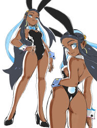 Rule 34 | 1girl, animal ears, ass, backless leotard, backless outfit, bare legs, bare shoulders, black footwear, black hair, black leotard, blue eyes, blue eyeshadow, blue hair, blue neckwear, bow, bowtie, breasts, commentary, creatures (company), dark-skinned female, dark skin, detached collar, earclip, earrings, eyeshadow, fake animal ears, fake tail, game freak, gym leader, hand on own hip, high heels, highleg, highleg leotard, highres, hoop earrings, jewelry, leotard, long hair, looking at viewer, makeup, medium breasts, multicolored hair, multiple views, nessa (pokemon), nintendo, playboy bunny, pokemon, pokemon swsh, rabbit ears, rabbit tail, shoes, simple background, sketch, smile, strapless, strapless leotard, streaked hair, tail, thong leotard, toshinoshin, two-tone hair, very long hair, white background, wrist cuffs