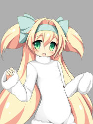 Rule 34 | 1girl, :o, blazblue, blush, flat chest, godharo1, green eyes, grey background, hairband, highres, long hair, looking at viewer, platinum the trinity, quad tails, smile, solo, sweater, upper body
