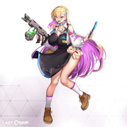 Rule 34 | 1girl, apron, blonde hair, blue nails, blush, boots, boryeon (last origin), breasts, choker, collared shirt, colored inner hair, copyright name, crossed bangs, earrings, fang, full body, game cg, gun, gyaru, hair between eyes, hair ornament, hairclip, highres, huge breasts, jewelry, kirome (kamipaper), kogal, last origin, long hair, mole, mole on breast, multicolored hair, multicolored nails, nail polish, name tag, necklace, official art, open mouth, purple eyes, purple hair, purple nails, razor, red nails, scissors, shirt, smile, solo, straight razor, stuffed animal, stuffed toy, tachi-e, teddy bear, triangle hair ornament, two-tone hair, very long hair, weapon, yellow nails