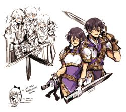 Rule 34 | 1girl, 4boys, ares (fire emblem), artist self-insert, black hair, blush, fire emblem, fire emblem: genealogy of the holy war, fire emblem heroes, highres, jaeokiedokie, larcei (fire emblem), leif (fire emblem), multiple boys, nintendo, scathach (fire emblem), seliph (fire emblem), short hair, siblings, signature, sketch, smile, sparkle, sword, twins, weapon, white background