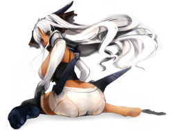 Rule 34 | 1girl, ass, asymmetrical clothes, barefoot, black thighhighs, breasts, dark-skinned female, dark skin, elbow gloves, feet, gloves, huge breasts, lace, lace-trimmed legwear, lace trim, long hair, mecha musume, on floor, original, parted bangs, pupps, red eyes, robot ears, shorts, sideboob, single thighhigh, sitting, soles, solo, thighhighs, toes, wariza, white hair