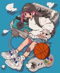 Rule 34 | 1girl, backpack, bag, ball, bandaid, bandaid on knee, bandaid on leg, baseball cap, basketball (object), black eyes, blue background, blue shorts, blunt bangs, boombox, fila, full body, game console, grey bag, grey hat, halftone, hat, highres, holding boombox, leg tattoo, long sleeves, looking at viewer, nao97122, nike (company), original, parted lips, pink hair, revision, ribbed socks, shoes, shorts, sitting, sneakers, socks, solo, streetwear, super famicom, super famicom gamepad, sweater, tattoo, white footwear, white socks, white sweater
