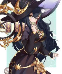 Rule 34 | 1girl, animal ears, blush, breasts, card, cleavage, commentary request, covering own mouth, final fantasy, final fantasy xiv, hair ornament, hat, highres, hololive, large breasts, looking at viewer, ookami mio, orb, simple background, solo, tarot, virtual youtuber, witch hat, wolf ears, yellow eyes
