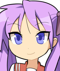 Rule 34 | 1girl, closed mouth, commentary request, hiiragi kagami, hospital king, long hair, looking at viewer, lucky star, medium bangs, portrait, purple eyes, purple hair, red sailor collar, ryouou school uniform, sailor collar, school uniform, shirt, simple background, smile, solo, twintails, white background, white shirt