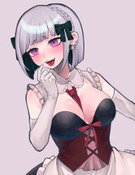 Rule 34 | 1girl, :d, absurdres, apron, bare shoulders, between breasts, black bow, black dress, blunt bangs, bow, braid, breasts, cleavage, commentary request, danganronpa: trigger happy havoc, danganronpa (series), dress, earrings, elbow gloves, fang, gloves, grey gloves, hair bow, hand up, highres, indie virtual youtuber, jewelry, large breasts, monokuma, necktie, necktie between breasts, open mouth, parody, piercing, pink eyes, red necktie, red ribbon, ribbon, saliva, short eyebrows, short necktie, simple background, smile, solo, style parody, teeth, tongue, tongue out, tongue piercing, upper teeth only, virtual youtuber, waist apron, white apron, white background, yumekawa yamu, yumekawa yamu (artist)