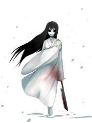 Rule 34 | 1girl, baby, bad id, bad pixiv id, barefoot, black eyes, black hair, blood, blood on clothes, bloody tears, bloody weapon, carrying, creepy, glaive (polearm), hair over eyes, highres, holding, holding weapon, horror (theme), japanese clothes, kimono, long hair, long sleeves, looking at viewer, okahi, open mouth, original, polearm, pool, simple background, smile, snow, snowing, solo, teeth, very long hair, weapon, weapon request, white kimono, wide sleeves, wind