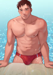 1boy arm_support artist_name bara blush brown_eyes brown_hair bulge bulge_rest caustics collarbone commentary_request covered_penis highres large_pectorals looking_at_viewer male_focus male_swimwear muscular muscular_male navel nipples original parted_lips pectorals pool poolside red_male_swimwear sanpaku short_hair solo splashing swim_briefs tile_floor tiles twitter_username uhai water water_drop wet